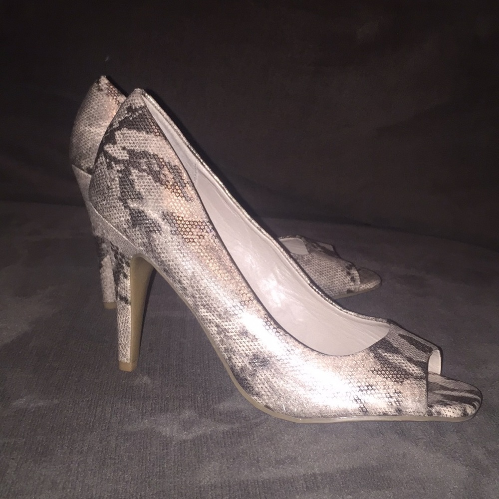 Snake print peep toe heels